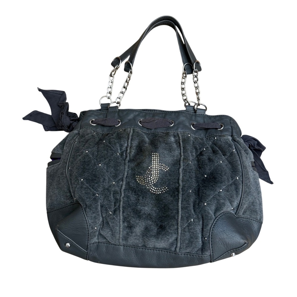 Juicy Couture daydreamer Y2K Gray Quilted Faux Fur Rhinestone vtg Tote Bag Bows
